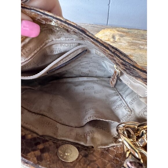 Michael Kors Crossbody Bag Women Snakeskin Print Leather Gold Tone Flap Snap Cha - Picture 4 of 7